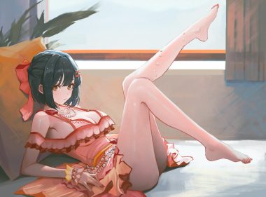 barefoot bed black hair blush bow breasts brown eyes cleavage dress idolmaster idolmaster cinderella girls necklace qingli ye short hair takafuji kako wristwear