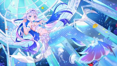 animal aqua eyes azna bow breasts bubbles cat smile choker cleavage fish horns long hair mermaid navel underwater water white hair wristwear