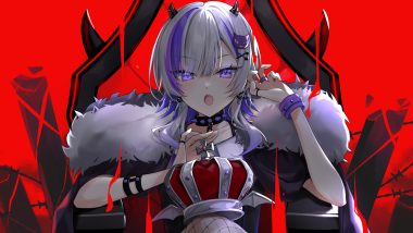 aliasing cape choker crown demon fang gray hair hane yuki hood horns pointed ears purple eyes red short hair tagme (character) wristwear