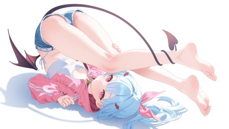 barefoot blue hair blush collar demon hood loli long hair mao shi shisan original pink eyes ponytail shorts succubus tail wings
