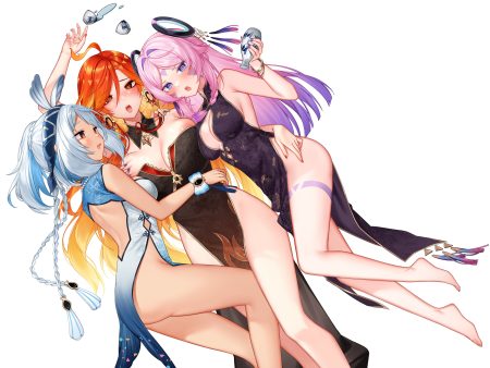 blush braids breasts brown eyes chinese clothes chinese dress citlali (genshin impact) cleavage dress drink genshin impact gray hair headband long hair mavuika (genshin impact) mualani (genshin impact) no bra nopan pink hair purple eyes red eyes red hair sake shrimp cake tattoo white wristwear