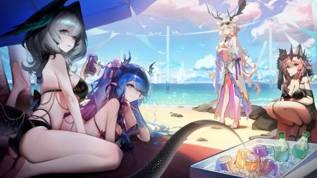 animal animal ears arknights ass barefoot beach bikini bird blonde hair blue eyes blue hair boat bow braids breast hold breasts brown eyes catgirl chain cleavage clouds drink gray hair green eyes group headdress ho'olheyak (arknights) horns libiadan ling (arknights) long hair pink hair ponytail ribbons shade short hair skirt sky sunglasses swimsuit tail tattoo umbrella vendela (arknights) viviana (arknights) water wings